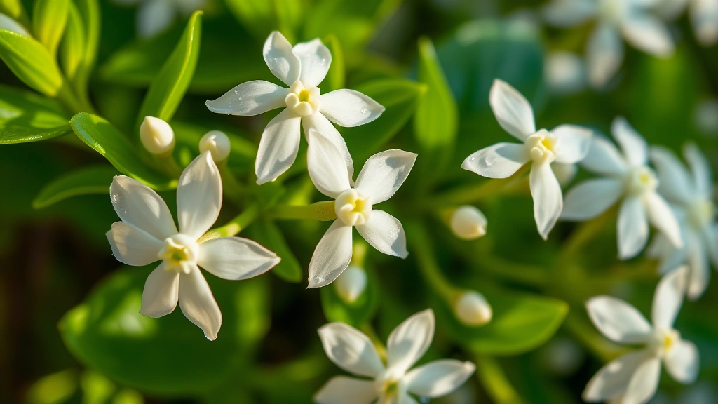 Close-up of delicate white jasmine star-shaped flowers with green foliage, morning dew on petals, soft natural sunlight, botanical detail photography
