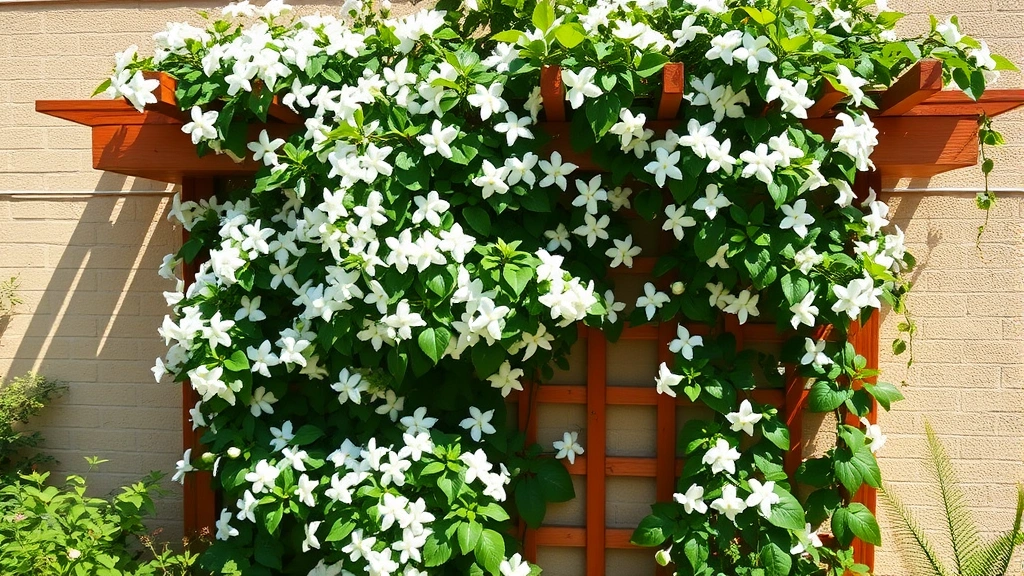 Mature jasmine climbing vine covering wooden trellis structure against sunny garden wall, abundant white blooms, healthy dense foliage, established garden landscape