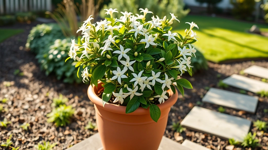 Potted jasmine plant in terracotta container with blooming flowers, positioned on garden pathway near stepping stones, morning light, residential garden setting