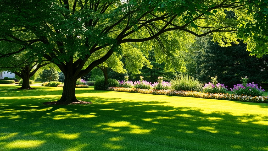 Mature shade trees creating dappled light on a manicured lawn, with flowering perennial beds in the background featuring purple coneflowers and yellow black-eyed Susans, summer afternoon lighting