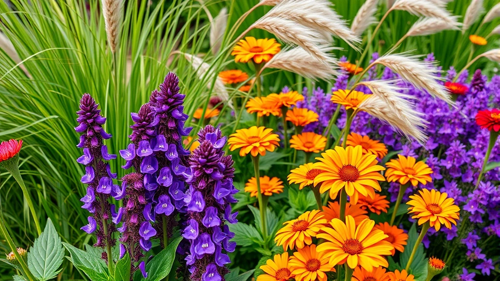 Close-up of a vibrant mixed flower border with purple salvias, orange zinnias, and ornamental grasses swaying, showcasing summer garden peak color and texture variety