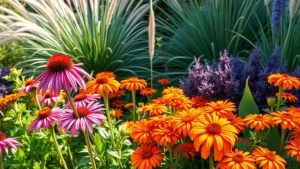 Vibrant mixed garden bed featuring bold contrasting colors—deep purple coneflowers next to electric orange marigolds, with ornamental grasses and architectural foliage plants creating dramatic textural layers in afternoon sunlight