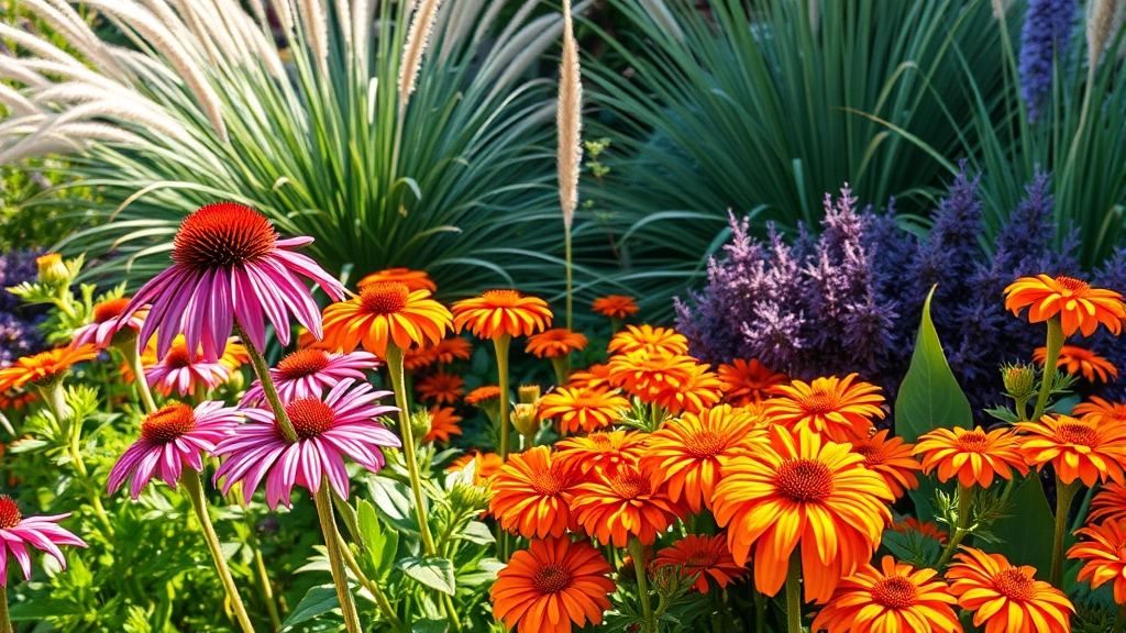 Vibrant mixed garden bed featuring bold contrasting colors—deep purple coneflowers next to electric orange marigolds, with ornamental grasses and architectural foliage plants creating dramatic textural layers in afternoon sunlight