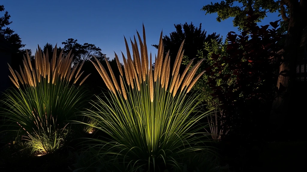 Theatrical garden scene at dusk with strategic uplighting illuminating sculptural plants—backlit ornamental grasses glowing, dark foliage creating shadows, textured bark visible, creating dramatic nighttime garden atmosphere