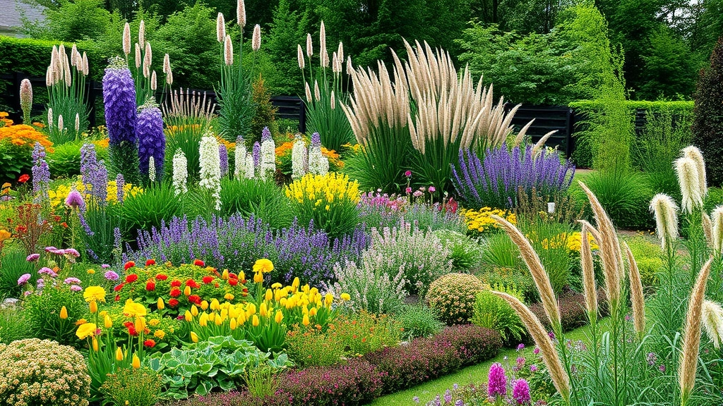Maximalist garden composition showing layered plantings—tall architectural plants in background, medium flowering perennials in middle layer, low-growing textural plants in foreground, mixed edible and ornamental specimens creating abundant, complex botanical scene