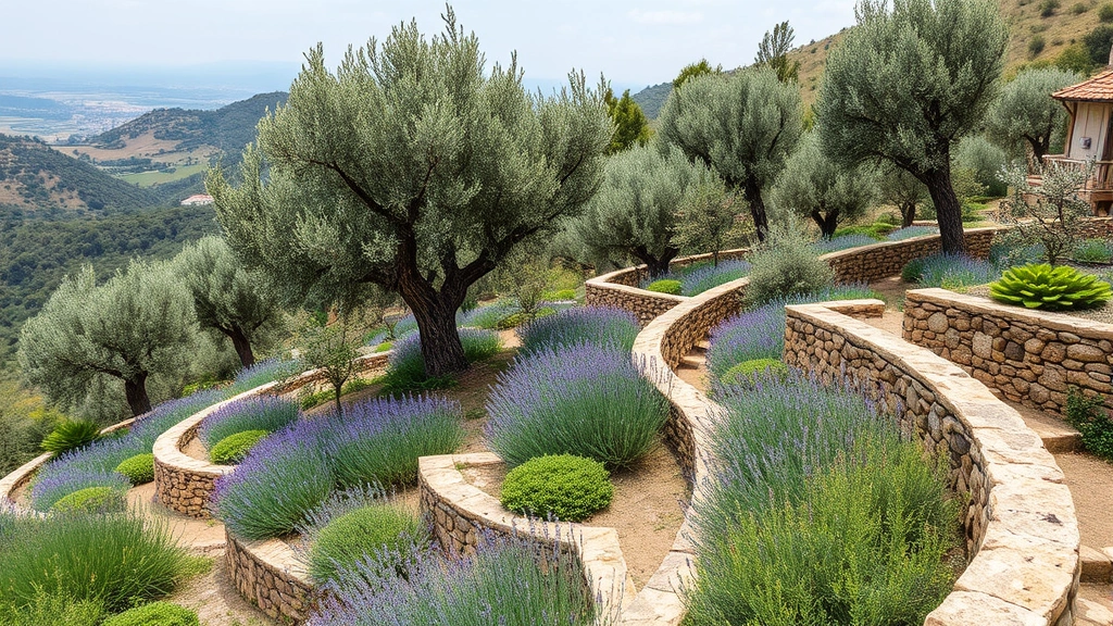 Terraced stone garden with olive trees, lavender, and rosemary herbs growing on hillside with ancient stone walls and Mediterranean landscape