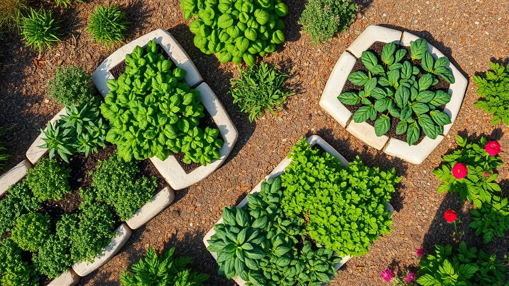 Overhead view of productive Jerusalem garden with mixed herbs, vegetables in raised beds, stone features, mulched ground, and ornamental flowering plants in warm sunlight