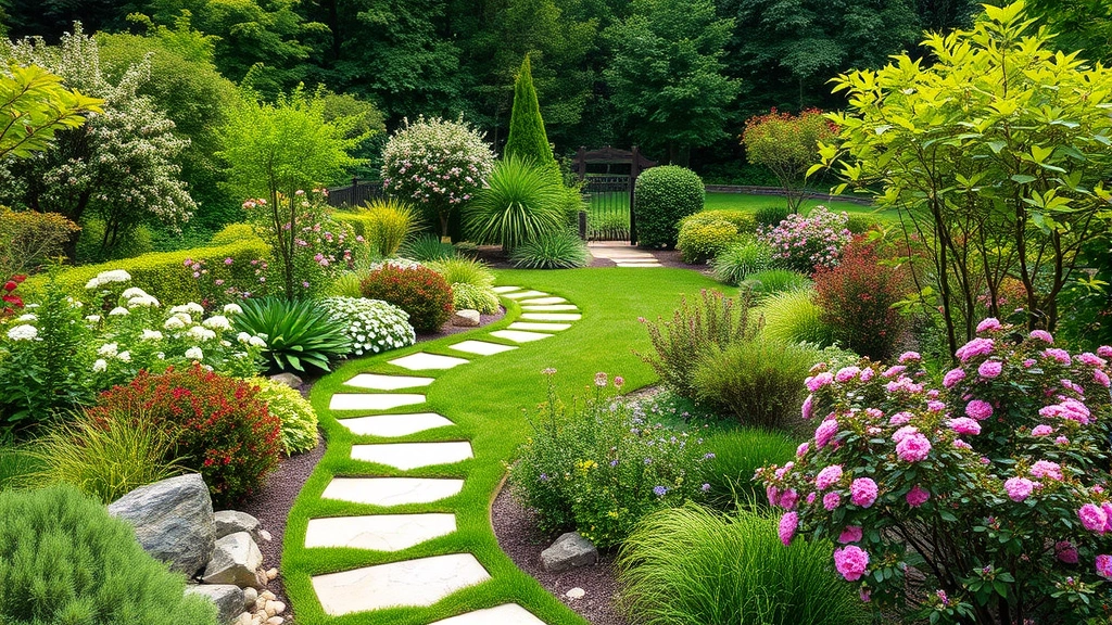 Lush backyard garden with layered plantings, flowering shrubs, and winding stone pathway through green space, peaceful garden ambiance