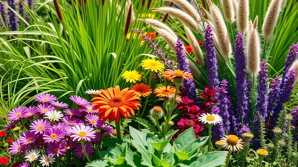 Close-up of diverse garden plants including ornamental grasses, flowering perennials in vibrant colors, and foliage textures, natural sunlight