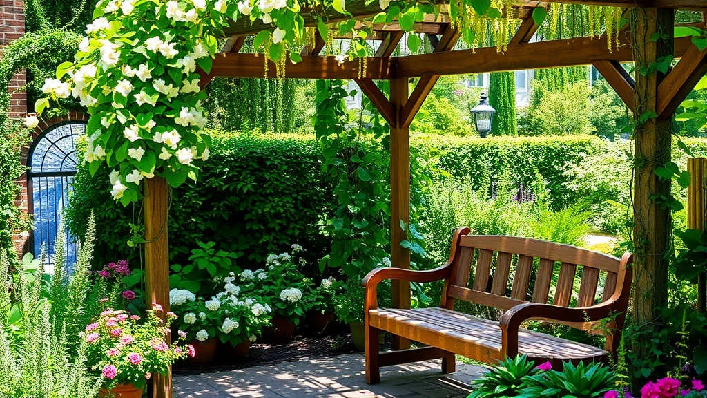 Tranquil garden seating area with wooden bench surrounded by fragrant plants, flowering vines on wooden arbor, dappled shade and lush greenery
