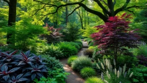 Lush shade garden with Japanese maples, hostas, and woodland perennials creating layered green and purple foliage textures beneath mature forest canopy in dappled morning light
