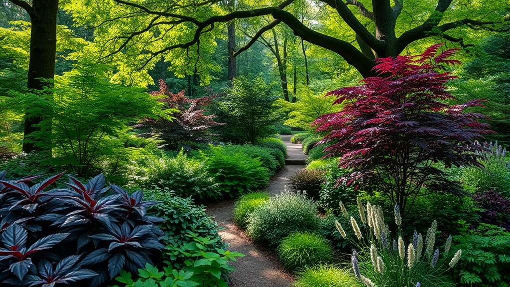 Lush shade garden with Japanese maples, hostas, and woodland perennials creating layered green and purple foliage textures beneath mature forest canopy in dappled morning light