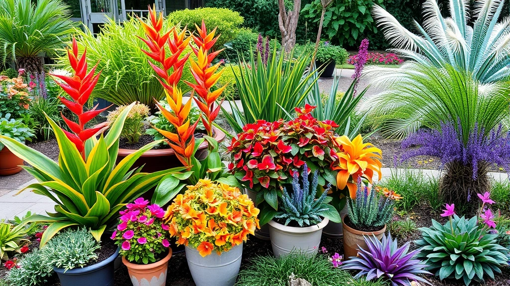 Vibrant summer garden display featuring tender tropical plants including cannas with bold foliage, begonias, ornamental grasses, and unusual perennials in mixed containers and garden beds