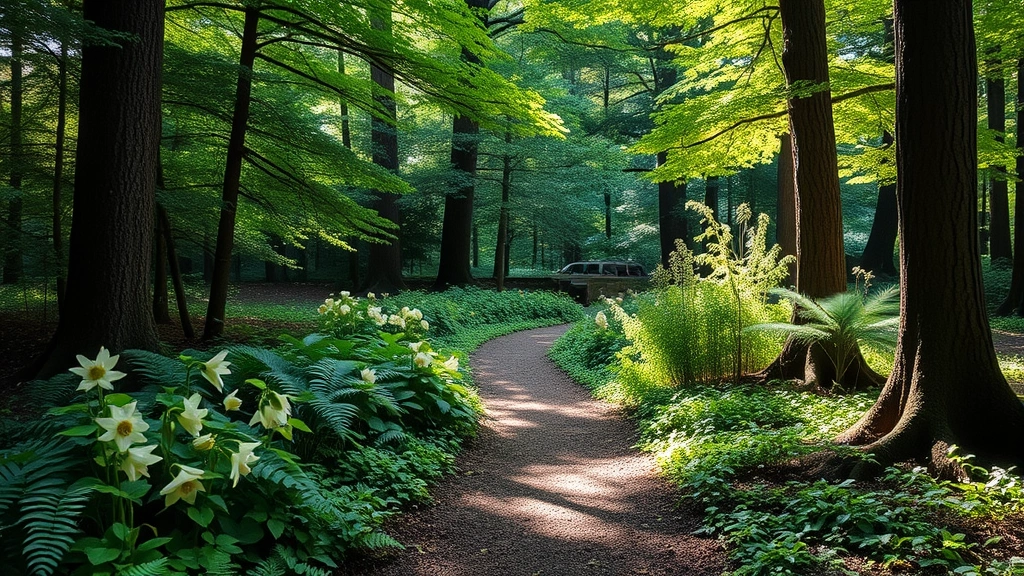 Serene woodland path lined with hellebores, ferns, and shade-tolerant ground covers with filtered sunlight creating peaceful natural garden atmosphere among mature trees