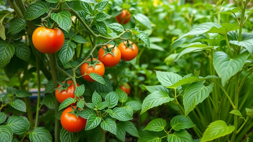 Lush green vegetable garden with established plants, tomatoes on vines, leafy greens thriving, morning dew on leaves, healthy vibrant plants