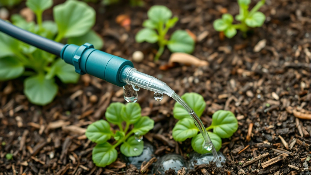 Professional drip irrigation soaker hose system running through mulched garden bed with vegetables, water droplets visible on soil surface