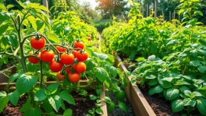 Wide-angle view of lush vegetable garden with tomato plants, leafy greens, and herbs growing in raised beds during summer harvest season, bright natural sunlight, green foliage