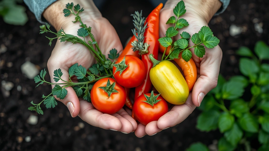 Close-up of hands holding freshly harvested organic vegetables including tomatoes, peppers, and herbs with soil still visible, demonstrating garden productivity and freshness