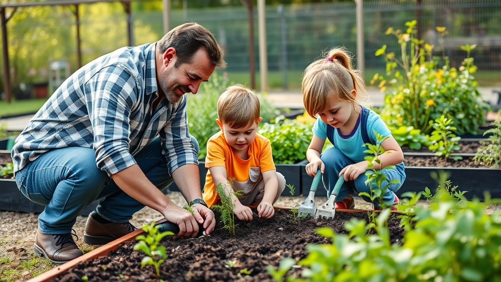 Family of three adults and children working together in garden beds with tools, planting seedlings and tending soil, showing intergenerational bonding and outdoor activity