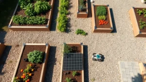 Wide overhead view of organized raised garden beds with clear gravel pathways between them, small wheeled robot visible on path, tomato plants and herbs growing in beds, bright daylight