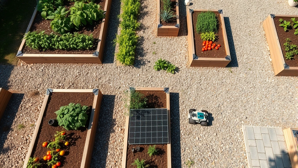 Wide overhead view of organized raised garden beds with clear gravel pathways between them, small wheeled robot visible on path, tomato plants and herbs growing in beds, bright daylight
