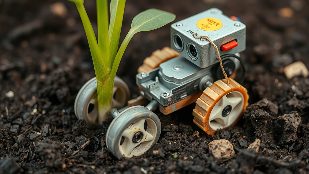 Close-up of simple Junkbot robot made from recycled materials with small motor and wheels, positioned next to soil moisture sensor in dark garden soil, plant stems visible nearby
