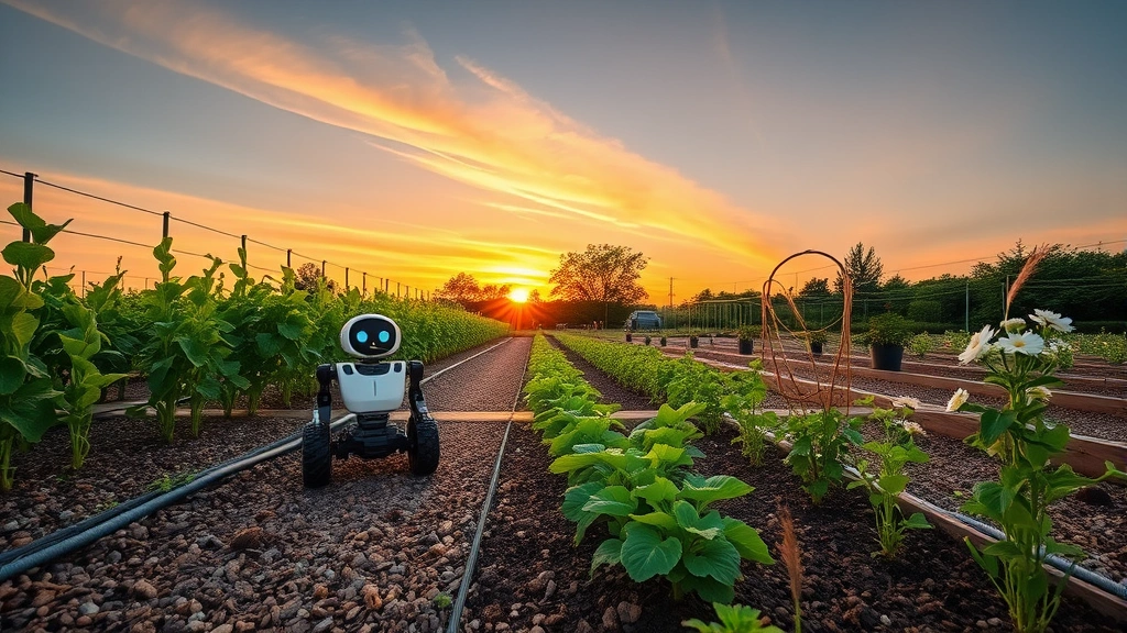 Sunset view of thriving garden with robot positioned on mulch pathway, drip irrigation tubing visible along raised beds, healthy green plants and flowers in various growth stages
