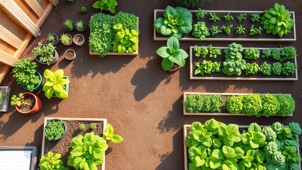 Bird's-eye view of a neat beginner garden layout with raised beds, herb pots, and organized vegetable rows in morning sunlight, showing diverse green plants growing healthily