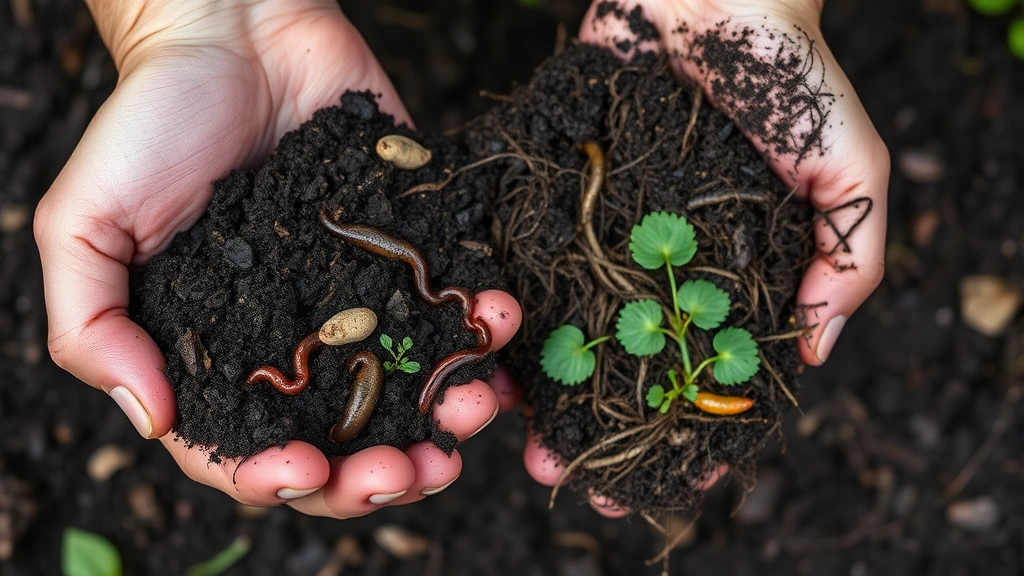 Close-up hands holding rich dark compost and fertile garden soil with visible organic matter, earthworms, and roots, demonstrating soil quality and preparation