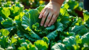 A gardener's hands gently harvesting vibrant kale leaves in morning sunlight, with fresh dew drops visible on organic leafy greens in an abundant kitchen garden bed