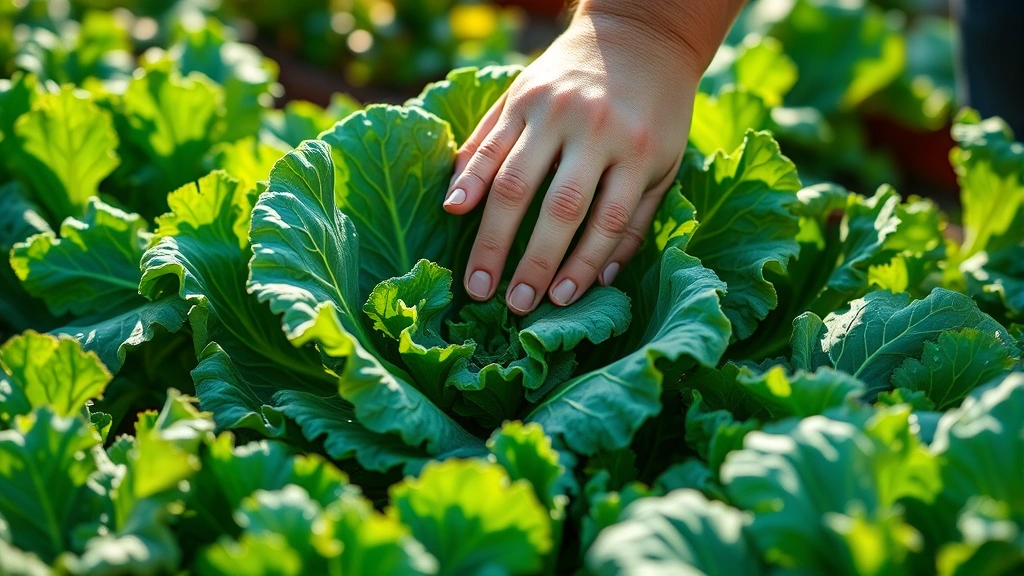 A gardener's hands gently harvesting vibrant kale leaves in morning sunlight, with fresh dew drops visible on organic leafy greens in an abundant kitchen garden bed
