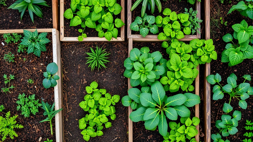 Overhead view of a diverse Kaiser Garden Grove showing raised beds with multiple vegetable varieties, herbs, and berry plants growing in rich dark soil with organic mulch