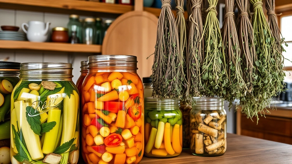 Close-up of fermented vegetables in glass jars and dried herb bundles hanging in a rustic kitchen, showing preserved Kaiser Garden Grove harvests ready for winter storage