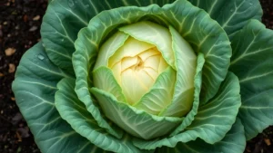 Large mature king cabbage head with deep green outer leaves and dense white-cream inner core, growing in rich dark garden soil with water droplets on leaves