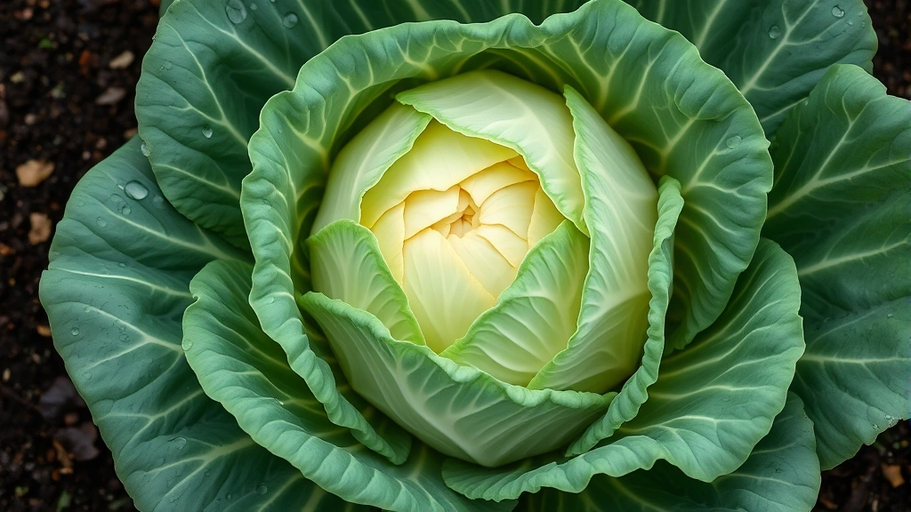 Large mature king cabbage head with deep green outer leaves and dense white-cream inner core, growing in rich dark garden soil with water droplets on leaves