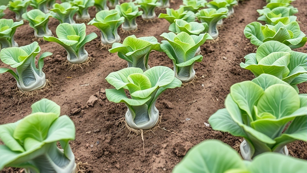 Close-up of healthy young cabbage seedlings in rows with bright green leaves and established root systems, demonstrating proper spacing in prepared garden bed