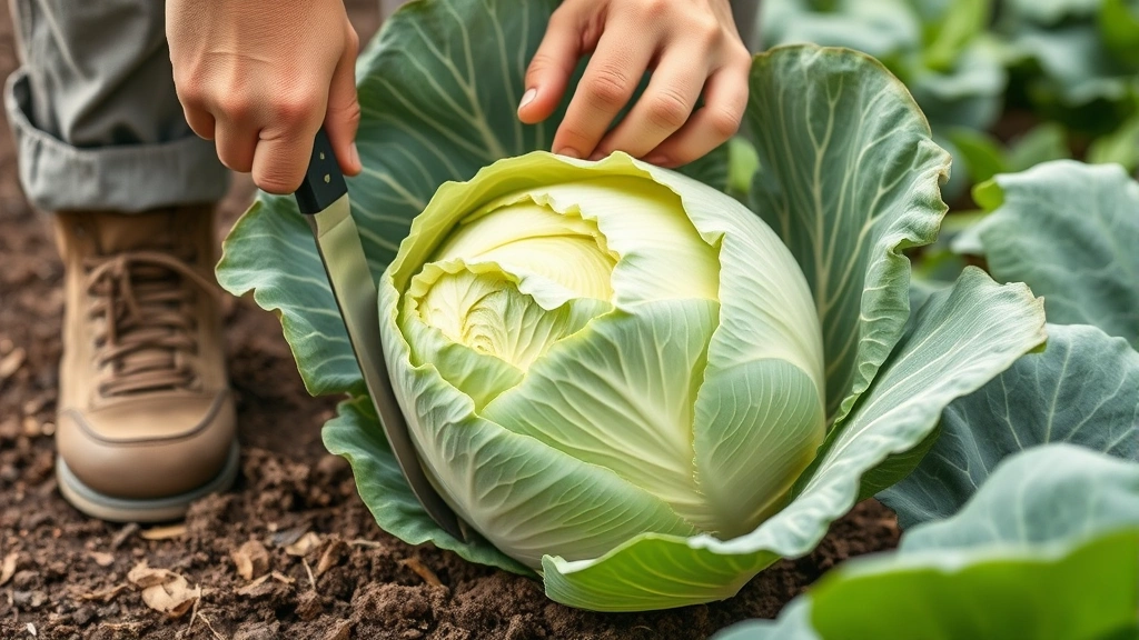 Gardener harvesting full-sized king cabbage head with sharp knife at soil level, showing firm compact head structure and healthy outer protective leaves intact