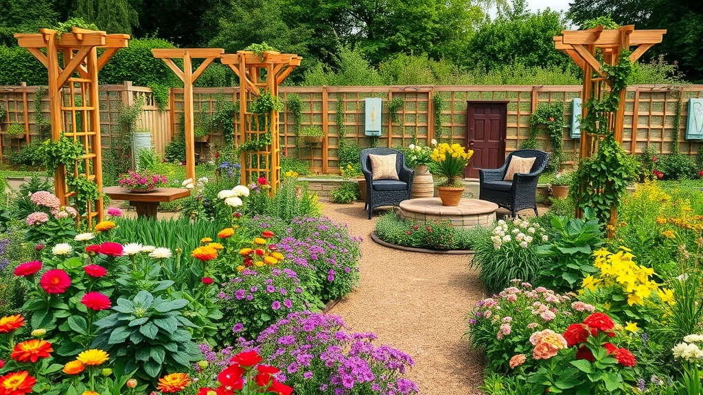 Wide landscape shot of mature king garden in full summer production, colorful flowers mixed with vegetables, wooden trellises with climbing plants, comfortable seating area, professional garden design