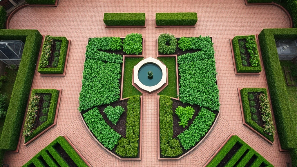 Overhead view of a formally structured garden with symmetrical raised beds, brick pathways, and lush green plants in organized rows, surrounded by manicured hedges and a central water feature