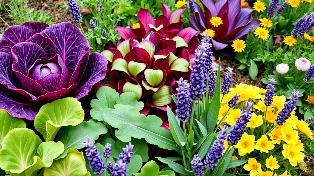 Close-up of vibrant garden beds featuring colorful vegetables including purple cabbage, rainbow chard, and golden beets interspersed with ornamental herbs and flowering plants like lavender