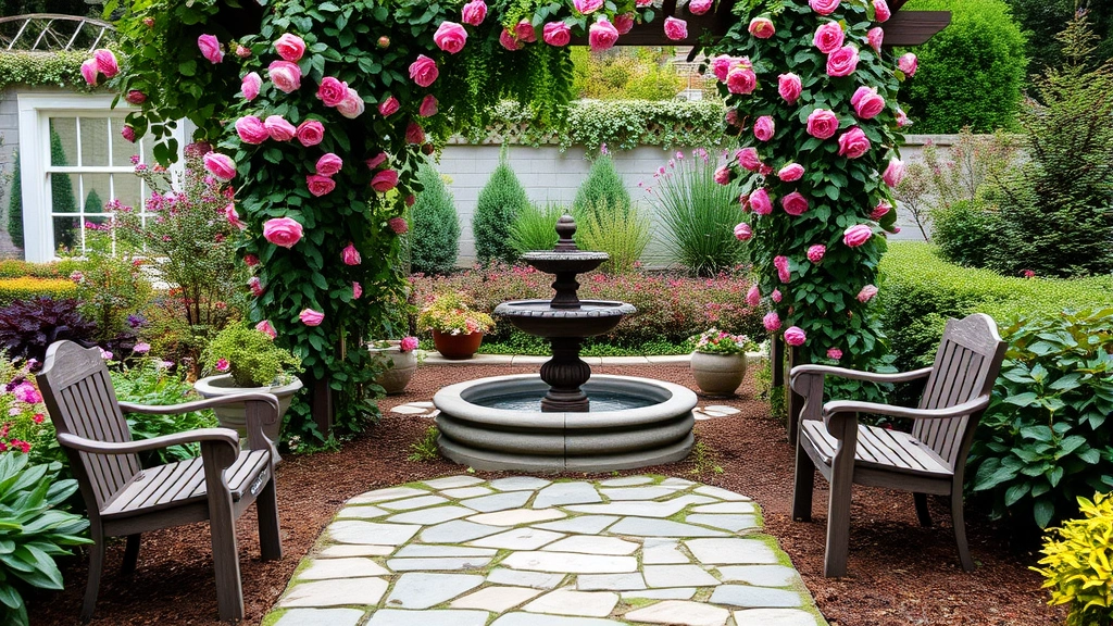 Peaceful garden seating area with stone pathway leading to a decorative fountain surrounded by climbing roses on an arbor, with layered plantings of varied foliage textures in the background