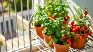 Three-tier metal kitchen cart on a sunny apartment balcony filled with terracotta pots containing vibrant basil, parsley, and cherry tomato plants, morning sunlight creating shadows, fresh green foliage visible