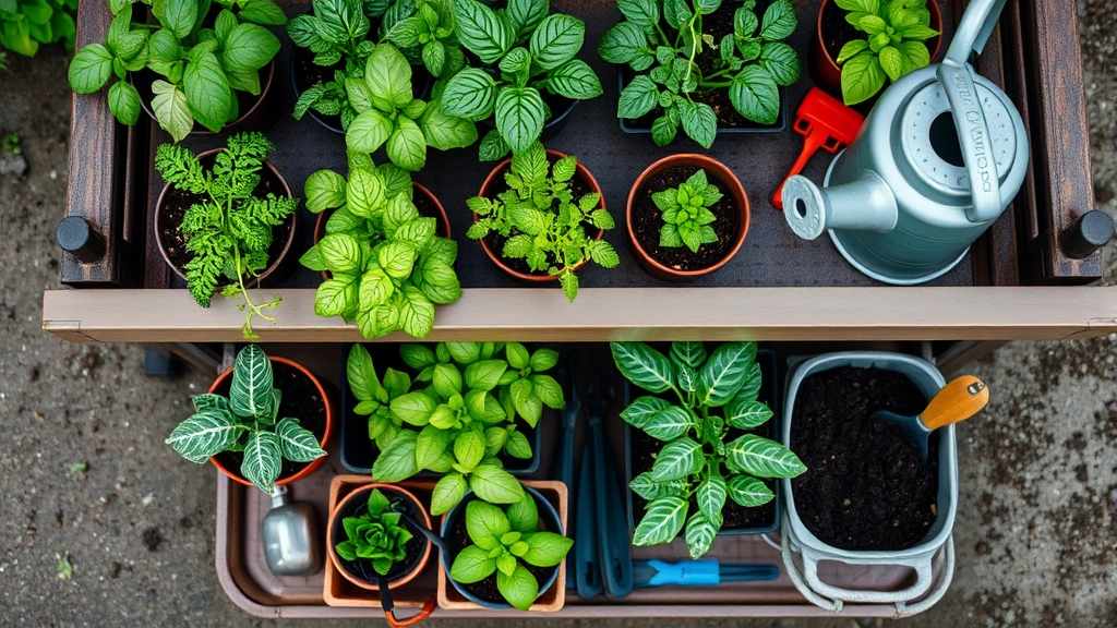 Close-up overhead view of organized cart shelves with multiple potted herbs and leafy greens, including lettuce and spinach in various sized containers, potting soil, watering can, and gardening tools arranged neatly