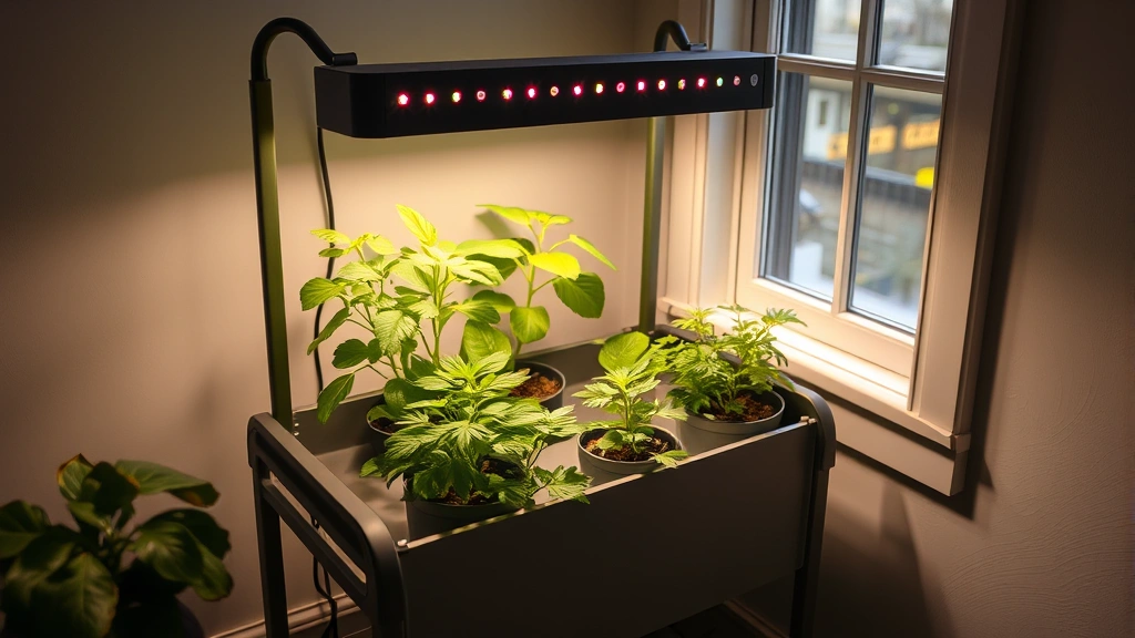 Mobile kitchen cart positioned in a corner near a window with LED grow lights mounted above the top shelf, various plants at different growth stages under warm LED lighting, moisture visible on leaves from recent watering