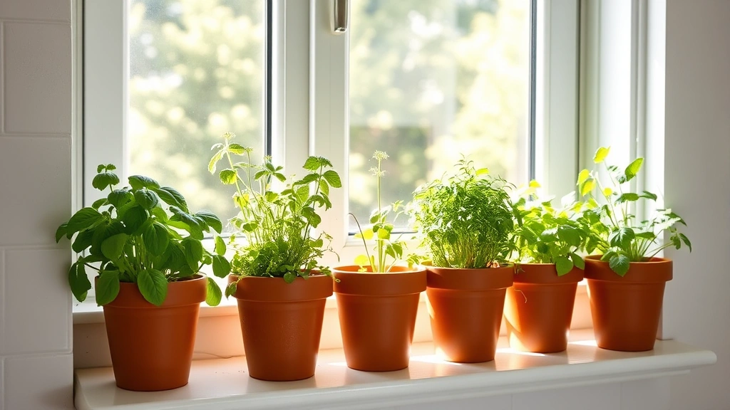 Sunny kitchen window with terracotta pots containing thriving basil, parsley, and mint plants, fresh green foliage, natural window light streaming in, clean kitchen background