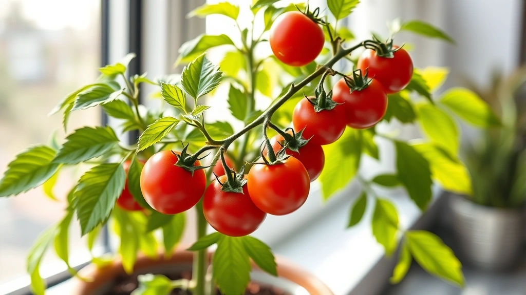 Close-up of cherry tomato plant with ripe red fruits in container on bright windowsill, healthy vibrant leaves, morning sunlight, kitchen interior visible