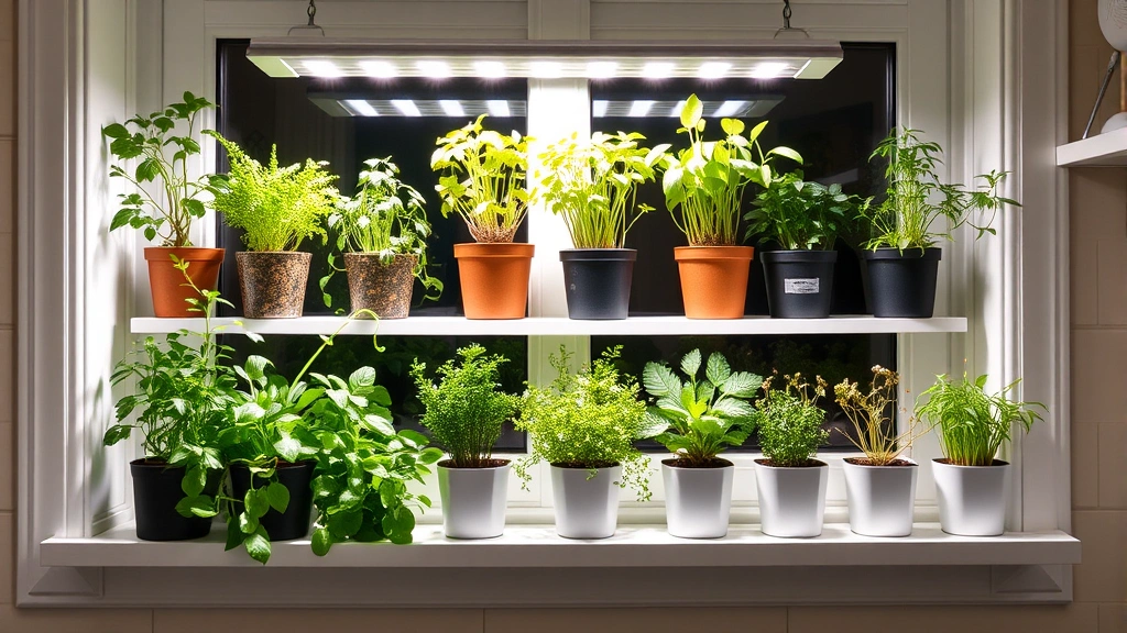 Organized kitchen window garden display with multiple containers of various herbs and microgreens, LED grow light mounted above, white shelving, professional setup arrangement