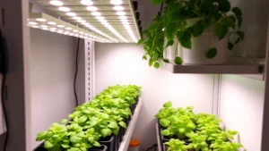 Bright LED grow lights illuminating rows of vibrant green basil and lettuce seedlings in a compact indoor garden shelf unit, modern apartment setting with white walls and containers