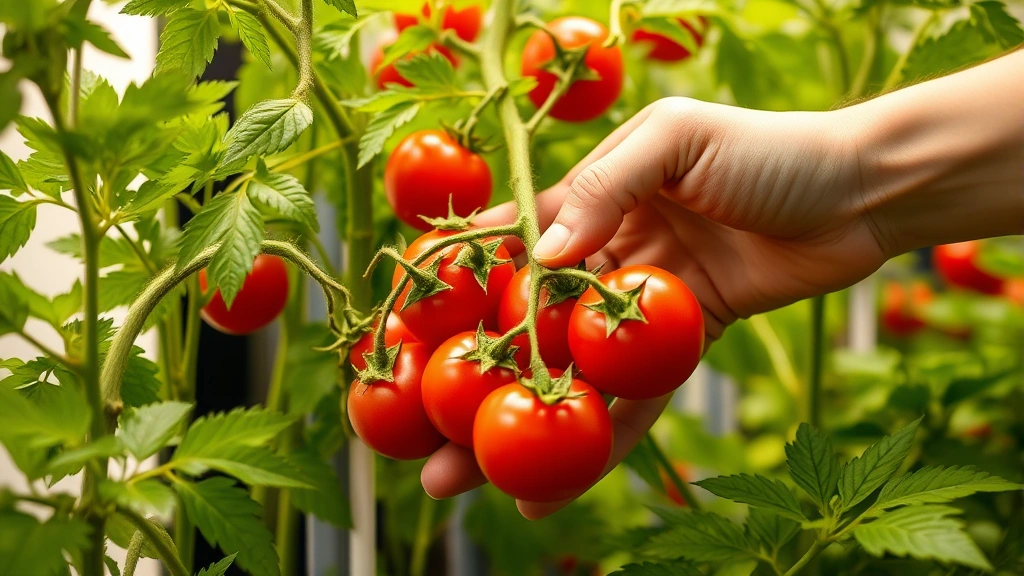 Close-up of hands harvesting fresh ripe cherry tomatoes from a vertical indoor garden system with lush green foliage under warm grow lights