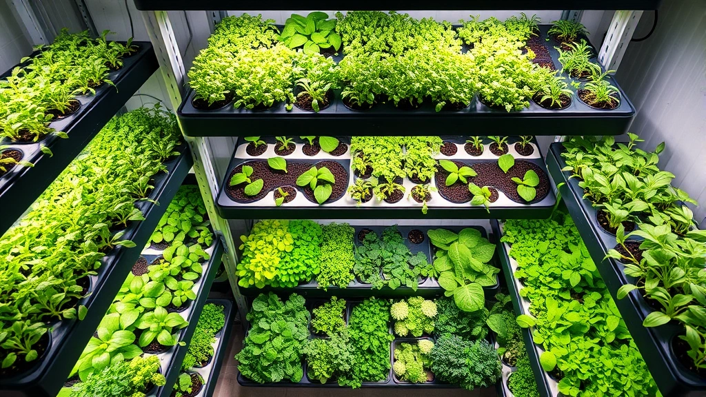 Overhead view of a well-organized indoor hydroponic garden with multiple tiers of microgreens, herbs, and leafy greens in various stages of growth, professional setup with proper spacing and lighting